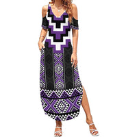 Purple Taniko Pattern Aotearoa Family Matching Summer Maxi Dress and Hawaiian Shirt Niho Taniwha Mix Poutama LT14