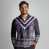 Purple Taniko Pattern Aotearoa Long Sleeve Polo Shirt Niho Taniwha Mix Poutama LT14