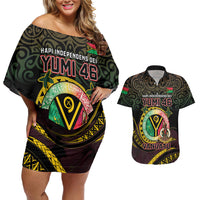 Personalised Vanuatu Couples Matching Off Shoulder Short Dress and Hawaiian Shirt Yumi 46th Hapi Independens Dei - Black Version LT14 Black - Polynesian Pride