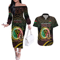 Personalised Vanuatu Couples Matching Off The Shoulder Long Sleeve Dress and Hawaiian Shirt Yumi 46th Hapi Independens Dei - Black Version LT14 Black - Polynesian Pride