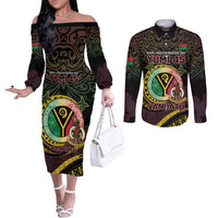 Personalised Vanuatu Couples Matching Off The Shoulder Long Sleeve Dress and Long Sleeve Button Shirt Yumi 45th Hapi Independens Dei - Black Version LT14