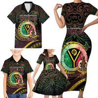 Personalised Vanuatu Family Matching Short Sleeve Bodycon Dress and Hawaiian Shirt Yumi 45th Hapi Independens Dei - Black Version LT14