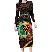 Personalised Vanuatu Long Sleeve Bodycon Dress Yumi 46th Hapi Independens Dei - Black Version LT14 Long Dress Black - Polynesian Pride
