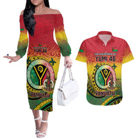 Personalised Vanuatu Couples Matching Off The Shoulder Long Sleeve Dress and Hawaiian Shirt Yumi 46th Hapi Independens Dei - Reggae Version LT14 Reggae - Polynesian Pride