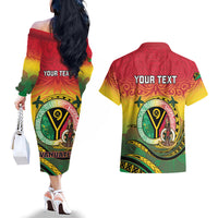 Personalised Vanuatu Couples Matching Off The Shoulder Long Sleeve Dress and Hawaiian Shirt Yumi 46th Hapi Independens Dei - Reggae Version LT14 - Polynesian Pride