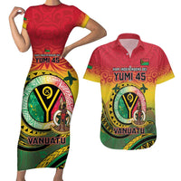 Personalised Vanuatu Couples Matching Short Sleeve Bodycon Dress and Hawaiian Shirt Yumi 45th Hapi Independens Dei - Reggae Version LT14