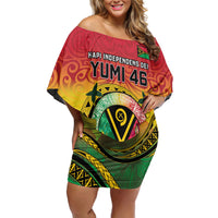 Personalised Vanuatu Off Shoulder Short Dress Yumi 46th Hapi Independens Dei - Reggae Version LT14 Women Reggae - Polynesian Pride