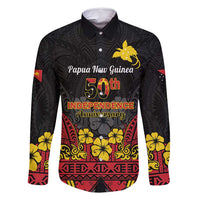 Papua New Guinea Independence Day Family Matching Tank Maxi Dress and Hawaiian Shirt PNG Bird of Paradise 50th Anniversary LT14 Dad's Shirt - Long Sleeve Black - Polynesian Pride