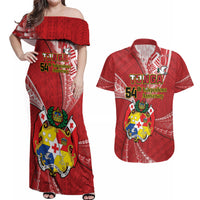 Personalised Tonga Independence Day Couples Matching Off Shoulder Maxi Dress and Hawaiian Shirt Happy 54th Independence Anniversary Ngatu Pattern LT14 Red - Polynesian Pride