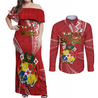 Personalised Tonga Independence Day Couples Matching Off Shoulder Maxi Dress and Long Sleeve Button Shirt Happy 54th Independence Anniversary Ngatu Pattern LT14 Red - Polynesian Pride