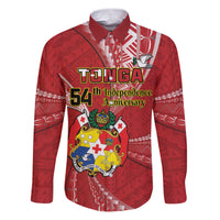 Personalised Tonga Independence Day Family Matching Puletasi and Hawaiian Shirt Happy 54th Independence Anniversary Ngatu Pattern LT14 Dad's Shirt - Long Sleeve Red - Polynesian Pride