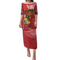 Personalised Tonga Independence Day Family Matching Puletasi and Hawaiian Shirt Happy 54th Independence Anniversary Ngatu Pattern LT14 Mom's Dress Red - Polynesian Pride