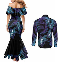 Polynesia Sea Turtle Day Couples Matching Mermaid Dress and Long Sleeve Button Shirt Tribal Honu Plumeria Polynesian Pattern