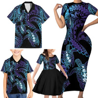 Polynesia Sea Turtle Day Family Matching Short Sleeve Bodycon Dress and Hawaiian Shirt Tribal Honu Plumeria Polynesian Pattern