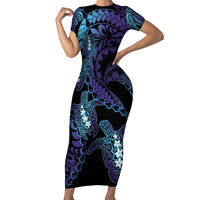 Polynesia Sea Turtle Day Short Sleeve Bodycon Dress Tribal Honu Plumeria Polynesian Pattern