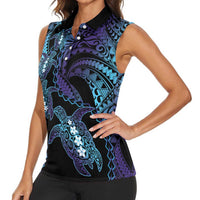 Polynesia Sea Turtle Day Women Sleeveless Polo Shirt Tribal Honu Plumeria Polynesian Pattern