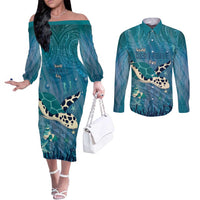 World Sea Turtle Day Polynesia Couples Matching Off The Shoulder Long Sleeve Dress and Long Sleeve Button Shirt Go With The Flow