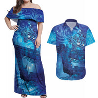 Kuri New Zealand Matariki Couples Matching Off Shoulder Maxi Dress and Hawaiian Shirt Aotearoa Dog Waka Maori New Year Galaxy Vibes