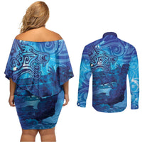 Kuri New Zealand Matariki Couples Matching Off Shoulder Short Dress and Long Sleeve Button Shirt Aotearoa Dog Waka Maori New Year Galaxy Vibes