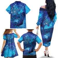 Kuri New Zealand Matariki Family Matching Off The Shoulder Long Sleeve Dress and Hawaiian Shirt Aotearoa Dog Waka Maori New Year Galaxy Vibes