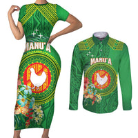 Personalized Manu'a Cession Day Couples Matching Short Sleeve Bodycon Dress and Long Sleeve Button Shirt Tropical Flowers With Polynesian Pattern LT14 Green - Polynesian Pride