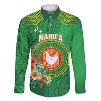 Personalized Manu'a Cession Day Family Matching Summer Maxi Dress and Hawaiian Shirt Tropical Flowers With Polynesian Pattern LT14 Dad's Shirt - Long Sleeve Green - Polynesian Pride