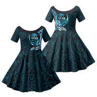 Asut Guam Chamorro Family Matching Off Shoulder Short Dress and Hawaiian Shirt Guahan Seal Tattoo LT14 Daughter's Dress Blue - Polynesian Pride