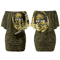 Amariyu Guam Chamorro Family Matching Off Shoulder Short Dress and Hawaiian Shirt Guahan Seal Tattoo LT14 Mom's Dress Yellow - Polynesian Pride