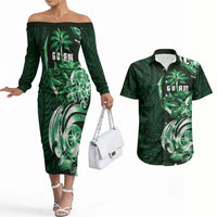 Betde Guam Chamorro Couples Matching Off The Shoulder Long Sleeve Dress and Hawaiian Shirt Guahan Seal Tattoo LT14 Green - Polynesian Pride