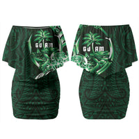 Betde Guam Chamorro Family Matching Off Shoulder Short Dress and Hawaiian Shirt Guahan Seal Tattoo LT14 Mom's Dress Green - Polynesian Pride