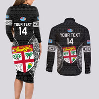Custom Fiji Rugby Couples Matching Long Sleeve Bodycon Dress and Long Sleeve Button Shirts 2023 Fijian Tapa Pattern World Cup Black LT14 - Polynesian Pride