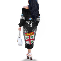 Custom Fiji Rugby Off The Shoulder Long Sleeve Dress 2023 Fijian Tapa Pattern World Cup Black LT14 - Polynesian Pride
