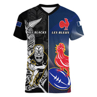 New Zealand And France Rugby Women V Neck T Shirt All Black With Les Bleus Together 2023 World Cup LT14 Female Black - Polynesian Pride