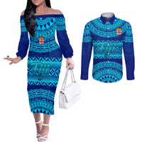 Personalised Fiji Couples Matching Off The Shoulder Long Sleeve Dress and Long Sleeve Button Shirts Unique Fijian Tapa Pattern With Coat Of Arms LT14 Blue - Polynesian Pride