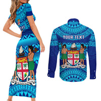 Personalised Fiji Couples Matching Short Sleeve Bodycon Dress and Long Sleeve Button Shirts Unique Fijian Tapa Pattern With Coat Of Arms LT14 - Polynesian Pride