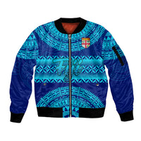 Personalised Fiji Sleeve Zip Bomber Jacket Unique Fijian Tapa Pattern With Coat Of Arms LT14 Unisex Blue - Polynesian Pride