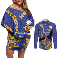 Nauru Angam Day Couples Matching Off Shoulder Short Dress and Long Sleeve Button Shirt Naoero Frigate Bird Polynesian Pattern LT14 Blue - Polynesian Pride