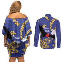 Nauru Angam Day Couples Matching Off Shoulder Short Dress and Long Sleeve Button Shirt Naoero Frigate Bird Polynesian Pattern LT14 - Polynesian Pride