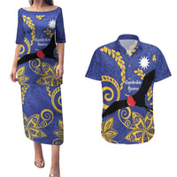 Nauru Angam Day Couples Matching Puletasi and Hawaiian Shirt Naoero Frigate Bird Polynesian Pattern LT14 Blue - Polynesian Pride