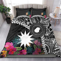 Black Nauru Bedding Set Naoero Map With Polynesian Tropical Flowers