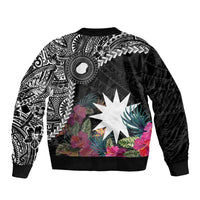 Black Nauru Bomber Jacket Naoero Map With Polynesian Tropical Flowers LT14 - Polynesian Pride