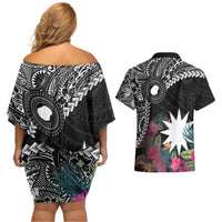 Black Nauru Couples Matching Off Shoulder Short Dress and Hawaiian Shirt Naoero Map With Polynesian Tropical Flowers