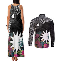 Black Nauru Couples Matching Tank Maxi Dress and Long Sleeve Button Shirt Naoero Map With Polynesian Tropical Flowers