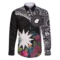 Black Nauru Family Matching Off Shoulder Maxi Dress and Hawaiian Shirt Naoero Map With Polynesian Tropical Flowers LT14 Dad's Shirt - Long Sleeve Black - Polynesian Pride