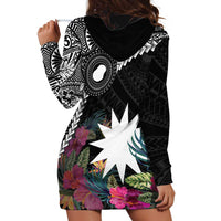 Black Nauru Hoodie Dress Naoero Map With Polynesian Tropical Flowers LT14 - Polynesian Pride