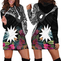 Black Nauru Hoodie Dress Naoero Map With Polynesian Tropical Flowers LT14 - Polynesian Pride