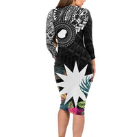 Black Nauru Long Sleeve Bodycon Dress Naoero Map With Polynesian Tropical Flowers LT14 - Polynesian Pride