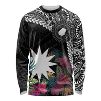 Black Nauru Long Sleeve Shirt Naoero Map With Polynesian Tropical Flowers LT14 Unisex Black - Polynesian Pride