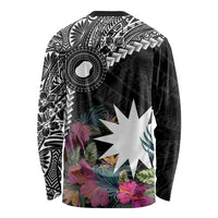 Black Nauru Long Sleeve Shirt Naoero Map With Polynesian Tropical Flowers LT14 - Polynesian Pride
