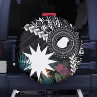 Black Nauru Spare Tire Cover Naoero Map With Polynesian Tropical Flowers
